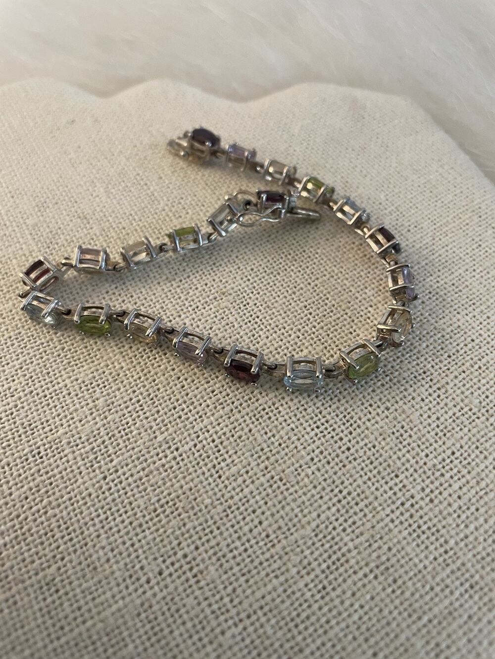 Vintage Multi-Color Gemstone and Marcasite Silver Line Bracelet Sterling 925
